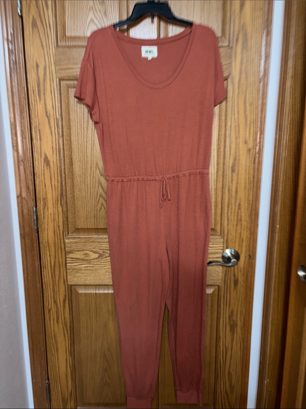 H&M Rust-Red Short Sleeve Drawstring Jumpsuit